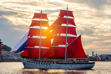 Scarlet sails ship on Neva river during White nights festival, Saint Petersburg, Russia