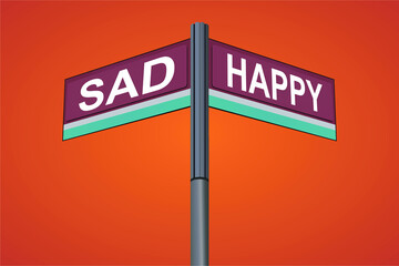 Sad on one side with Happy another direction, chrome road sign, with read and green direction arrow labels, Halloween Orange Background.