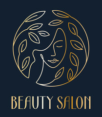 Vector logo design for beauty salon, hair salon, wellness, spa, cosmetic. Natural cosmetic. One line woman's head with leaves.