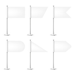 Obraz premium Realistic various table flags on a chrome steel pole. Blank white desk flag made of paper or fabric. Shiny metal stand. Mockup for promotion and advertising. Vector illustration