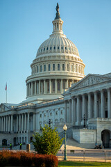 Naklejka premium Washington, DC, USA - 2022 June 24: Partial View of the United States Capitol Building on a sunny Summer Day with blue Sky
