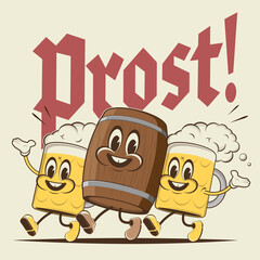 happy walking retro cartoon beer with German word Prost meaning cheers - 513396728