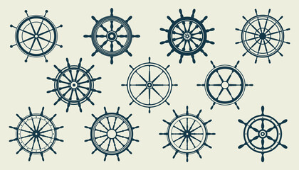 Collection of vintage steering wheels. Ship, yacht retro wheel symbol. Nautical rudder icon. Marine design element. Vector illustration © 32 pixels