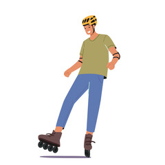 Young Man Wear Helmet Riding Roller Skates Isolated On White Background. Modern Fashioned Male Character e in Skatepark