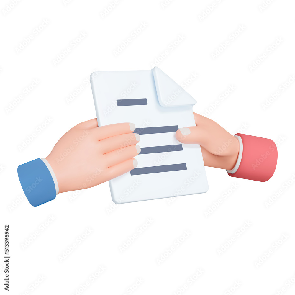 Poster give a document 3d icon. handing a sheet of paper with text from hand to hand. giving a documents. i
