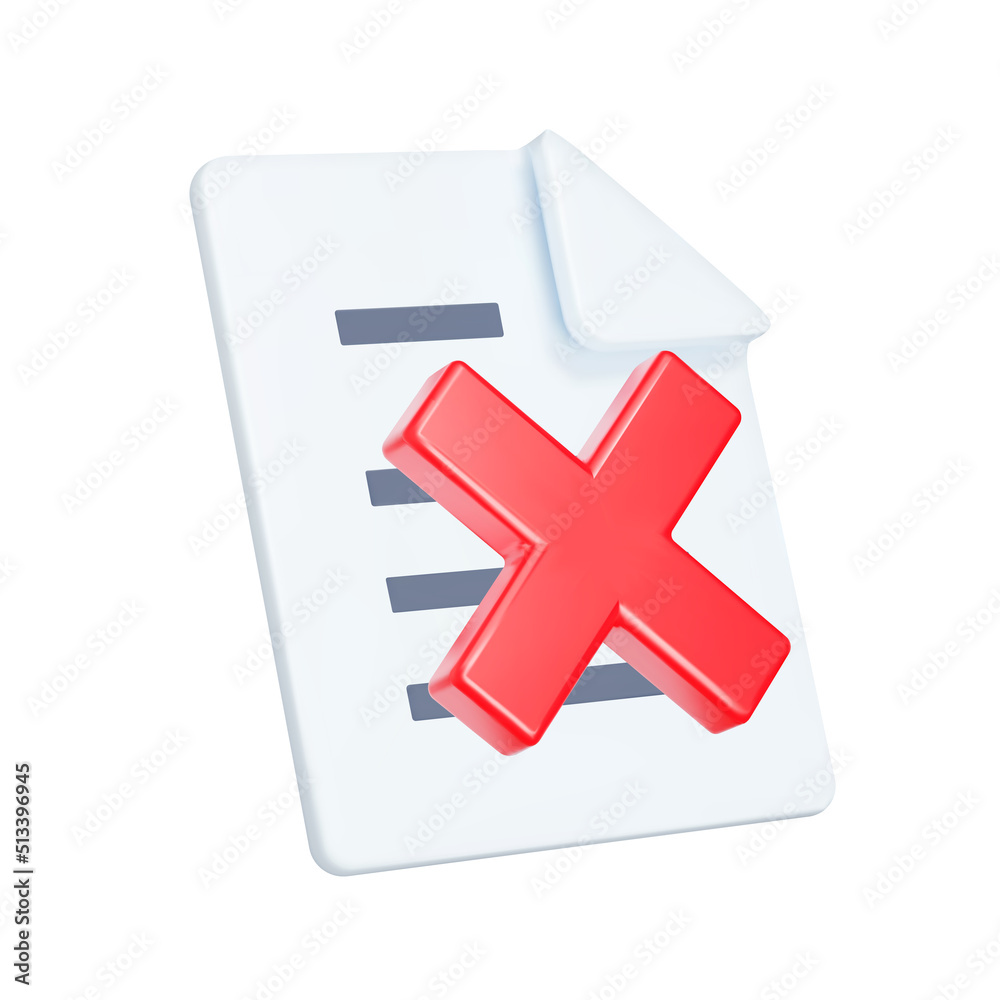Poster document and red cross 3d icon. reject document, negative decision. isolated object on a transparent