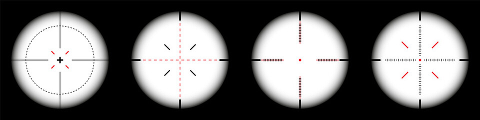 Weapon sights, sniper rifle optical scope on black background. Hunting gun viewfinder with crosshair. Aim, shooting mark symbol. Military target sign, silhouette. Game UI element. Vector illustration