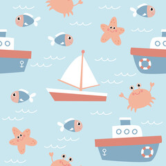 Cute summer seamless pattern. Marine texture with boats, crab, starfish and fish. Childish vector illustration. 