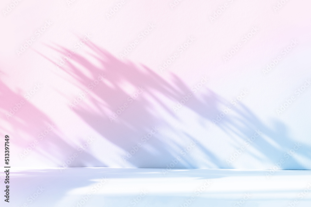 Aufkleber Abstract gradient blue studio background for product presentation. Empty room with shadows of window and flowers and palm leaves . 3d room with copy space. Summer concert. Blurred backdrop.