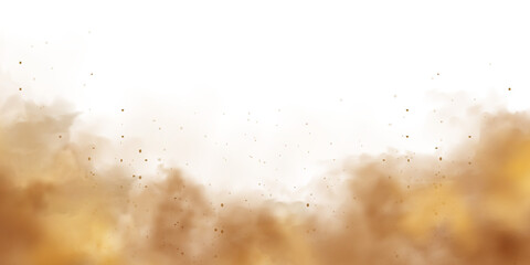 Realistic dust clouds isolated on white background. Sand storm with dirt particles, polluted dirty brown air, smog. Vector illustration
