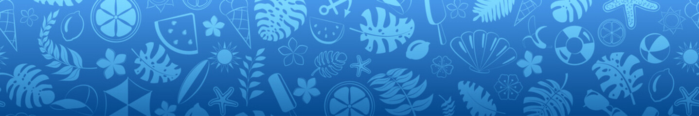 Banner of various items related to summer holidays at sea, in blue colors, with seamless horizontal repetition