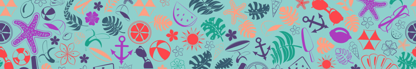 Banner of various items related to summer holidays at sea, multicolored on light blue background, with seamless horizontal repetition