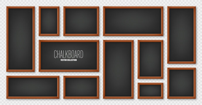 Realistic various chalkboards in a wooden frame. Black restaurant menu board. School blackboard, writing surface for text or drawing. Blank advertising or presentation boards. Vector illustration
