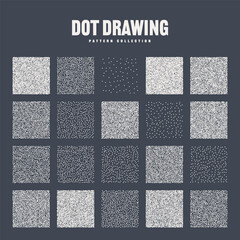 Square shaped dotted objects, stipple elements. Stippling, dotwork drawing, shading using dots. Pixel disintegration, halftone effect. White noise grainy texture, pattern. Vector illustration