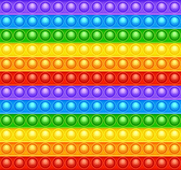 Colorful silicone anti-stress pop it toy texture, pattern. Trendy sensory game for children. Rainbow push pop fidget toy with brightly colored popping bubbles. Vector illustration