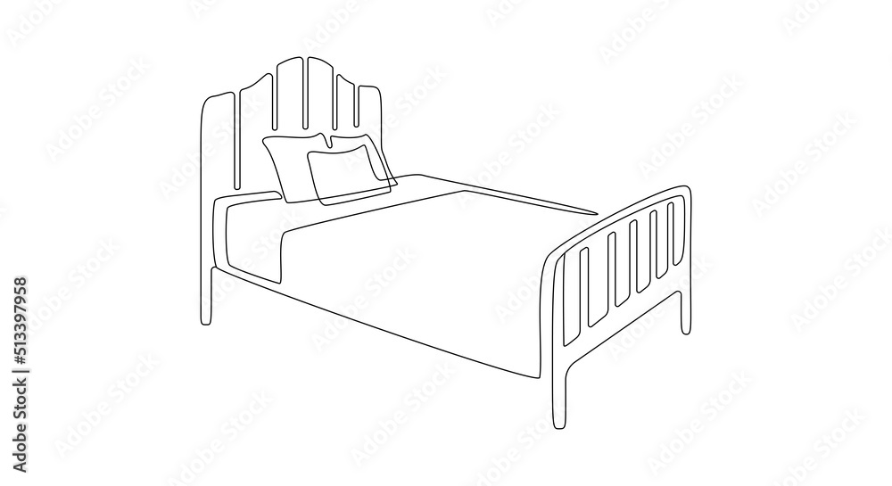 Poster continuous one line drawing of double bed thin icon. modern comfortable and soft furniture for bedro