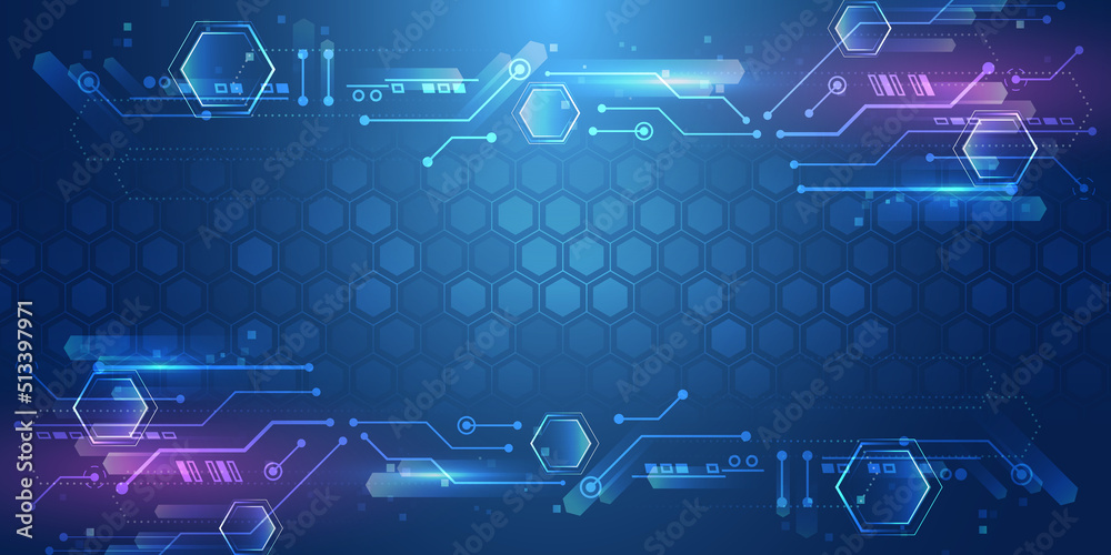 Leinwandbilder Wide Cyber security internet and networking concept. Hi-tech vector illustration with various technology elements. Abstract global sci fi concept. Digital internet communication on blue background.
