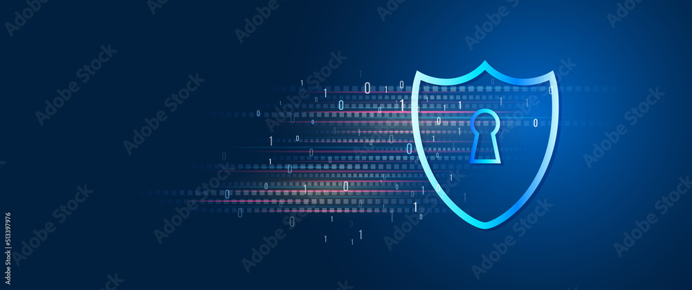 Poster Data security system, information, or network protection. Cyber security and data protection. Shield icon, future technology for verification. Abstract high tech background.