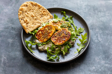 Aubergine and yogurt dip with halloumi and zaatar mix