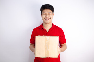 Postman with parcel on white background world post day concept