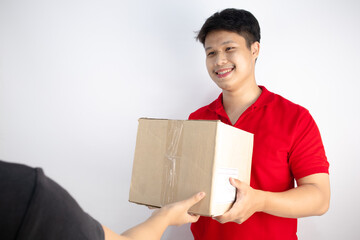 Postman delivering parcels to customers World Post day concept