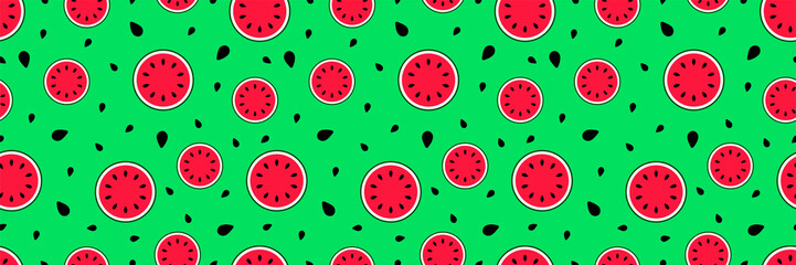 Watermelon seamless pattern. Cute summer vector template texture.Repeated background with water melon seeds. Fresh wallpaper for childish, girly clothes prints, juicy, seasonal design, wrapping paper