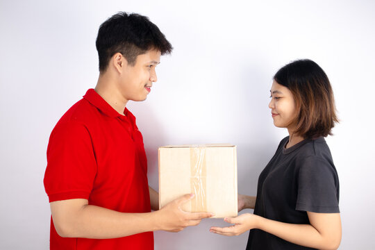 Postman delivering parcels to customers World Post day concept