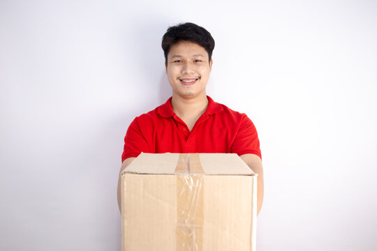 Postman with parcel on white background world post day concept