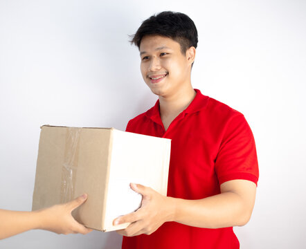 Postman delivering parcels to customers World Post day concept