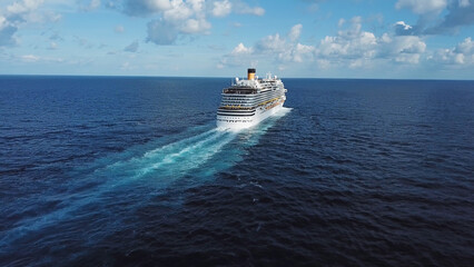 Back of the cruise ship and its beautiful wake on the blue sea surface, seascape. Stock. Aerial...