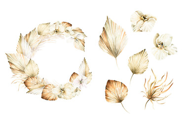 Watercolor boho wreath with hand painted tropical wild flowers, palm leaves and branches of pampas. Romantic floral bohemian set perfect for fabric textile, wedding cards or scrapbooking