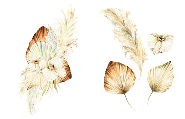 Obraz premium Watercolor boho bouquet with hand painted tropical wild flowers of white orchid, green palm leaves and branches of pampas in pastel colors. floral bohemian arrangement perfect for wedding cards