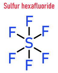 Skeletal formula of sulfur hexafluoride gas insulator molecule. Microbubbles are used as contrast agent for ultrasound imaging. Potent greenhouse gas.