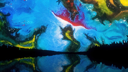 Abstract colourful sky with unusual shapes and forms reflected in the lake at night, Salvador Dali style. Abstract scenery of forest silhouette, colourful stains on the night sky reflected in the lake
