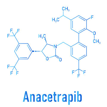 Anacetrapib hypercholesterolemia drug molecule. CETP or cholesterylester transfer protein, 
inhibitor for the treatment of elevated cholesterol levels. Skeletal formula.