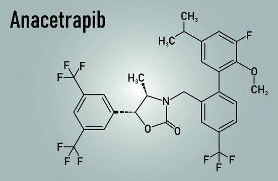 Anacetrapib hypercholesterolemia drug molecule. CETP or cholesterylester transfer protein, 
inhibitor for the treatment of elevated cholesterol levels. Skeletal formula.
