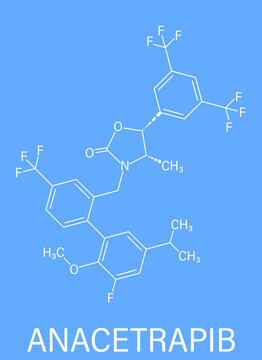 Anacetrapib hypercholesterolemia drug molecule. CETP or cholesterylester transfer protein, 
inhibitor for the treatment of elevated cholesterol levels. Skeletal formula.