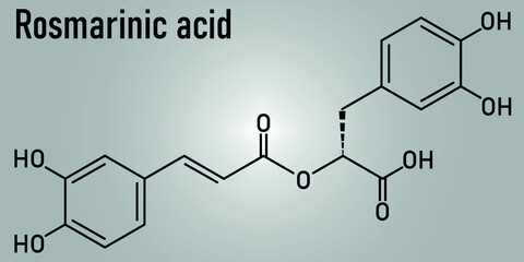 Rosmarinic acid herbal antioxidant molecule. Present in a number of plants including rosemary. Rosmarinus officinalis. Skeletal formula.