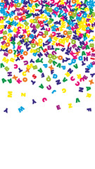 Falling letters of English language. Colorful flying words of Latin alphabet. Foreign languages study concept. Worthy back to school banner on white background.