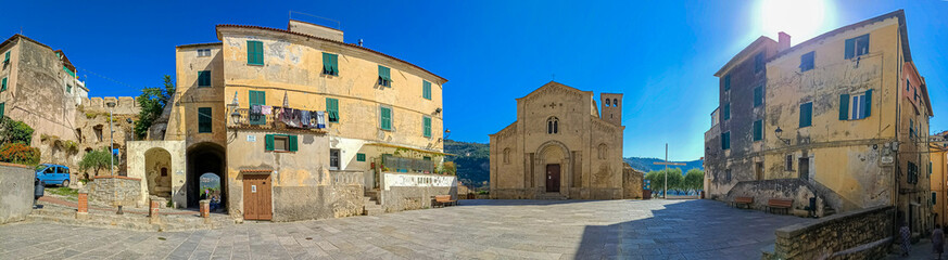 Fototapeta na wymiar Beautiful panoramic view of the church of San Michele Arcangelo in the medieval old town of Ventimiglia in Italy, Liguria, Italy., Imperia province
