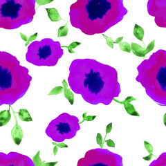 watercolor flowers with foliage vector seamless pattern