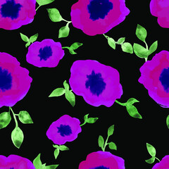watercolor flowers with foliage vector seamless pattern