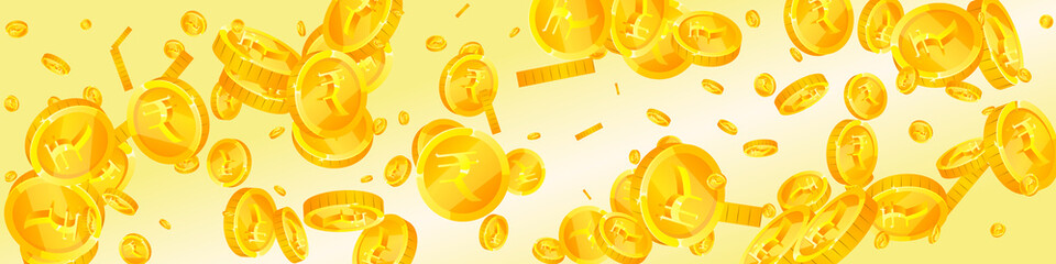 Indian rupee coins falling. Breathtaking scattered INR coins. India money. Energetic jackpot, wealth or success concept. Vector illustration.
