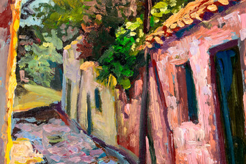 Close-up of vintage oil painting depicting an picturesque alleyway with a street light, stone houses and colorful plants and vegetation.