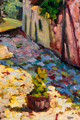 Close-up of vintage oil painting depicting an picturesque alleyway with a street light, stone houses and colorful plants and vegetation.