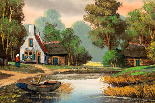 Close-up of vintage oil painting depicting idyllic cottages and log cabins by a lake, reed grass, and a wooden boat.