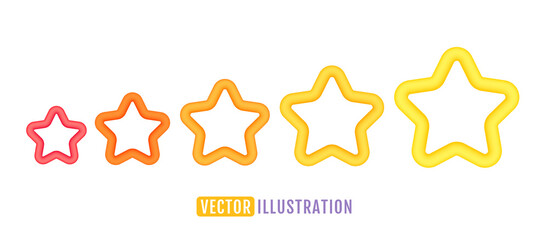 Vector icons of five yellow stars glossy colors. Achievements for games or customer rating feedback of website. Vector illustration of stars in realistic 3d style.