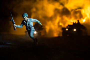 War Concept. Battle scene on war fog sky background, Fighting silhouettes Below Cloudy Skyline at...