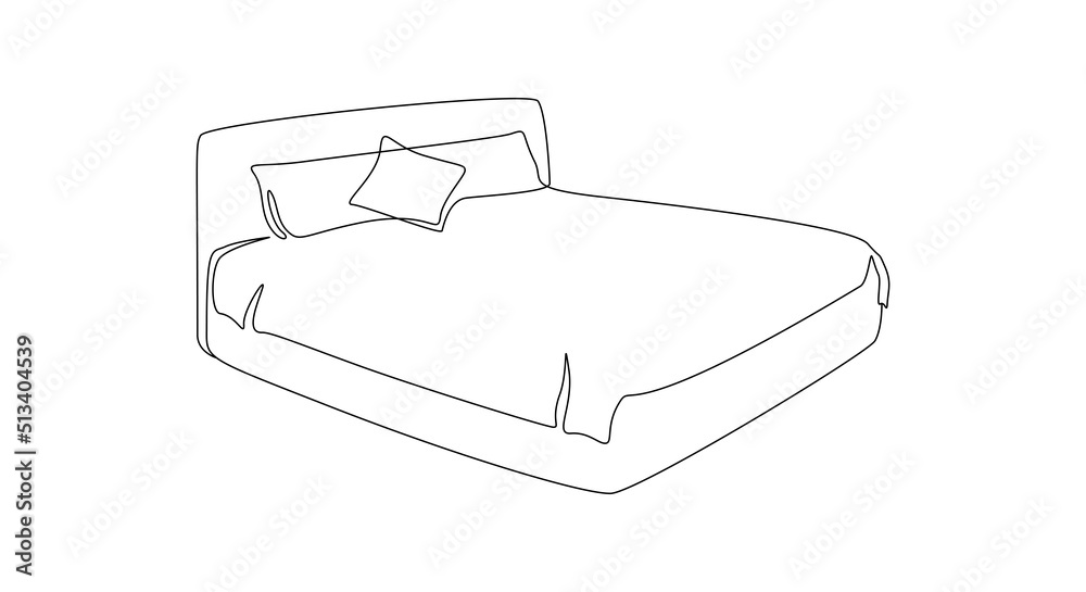 Poster continuous one line drawing of double bed thin icon. modern cozy furniture for bedroom in simple lin
