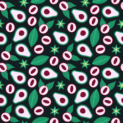 Avocado and lychee seamless pattern. Organic tropical fruits, leaves and flowers isolated on dark background. Cute hand drawn fabric print. Healthy natural food. Flat vector illustration